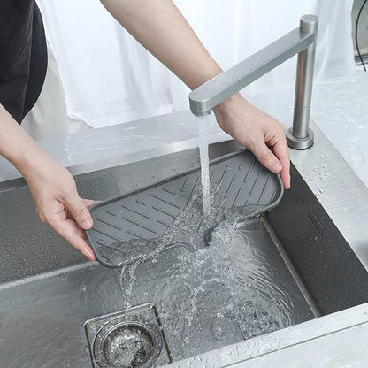 MicoYang Silicone Soap Dish with Drain Spout — Self-Draining Double Sink Organizer Tray for Kitchen & Bathroom, Dispensers, Sponges & Soap Holder, Non-Slip & Dishwasher Safe, Grey (Large, 12"×4")