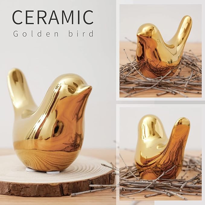 WhimWove 2 Pcs Ceramic Small Bird Figurines Modern Animal Statues for Home 、Room Decor and Bedroom Decor and Bookshelf Display (Gold)