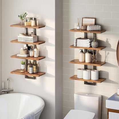 HOOBRO Floating Shelves, 15 Inch Wall Shelf Set of 4, Wall Mounted Storage Shelves 2-Tier, Hanging Bathroom Shelves, for Living Room, Bedroom, Bathroom, Kitchen, Rustic Brown and Black BF32BJP401