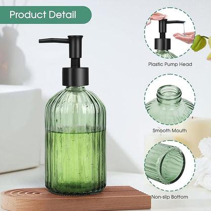 Topsky Glass Soap Dispenser with Black Plastic Pump, 400ml Liquid Hand Soap Dispenser, Rustproof Pump for Kitchen & Bathroom, Great for Lotions, Essential Oil, Liquid Soaps (Army Green)