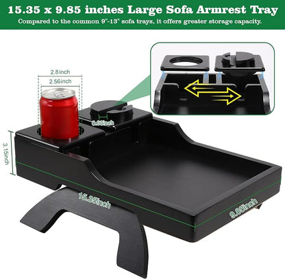 GHKINMAL Couch Cup Holder Tray, 15.4"x9.9" Large 4 in 1 Couch Arm Tray with 360°Rotated Phone Holder, Non-Slip Clip on Side Table for Drinks/Remote/Snacks, Ideal Gift for Husband, Wife, Parents