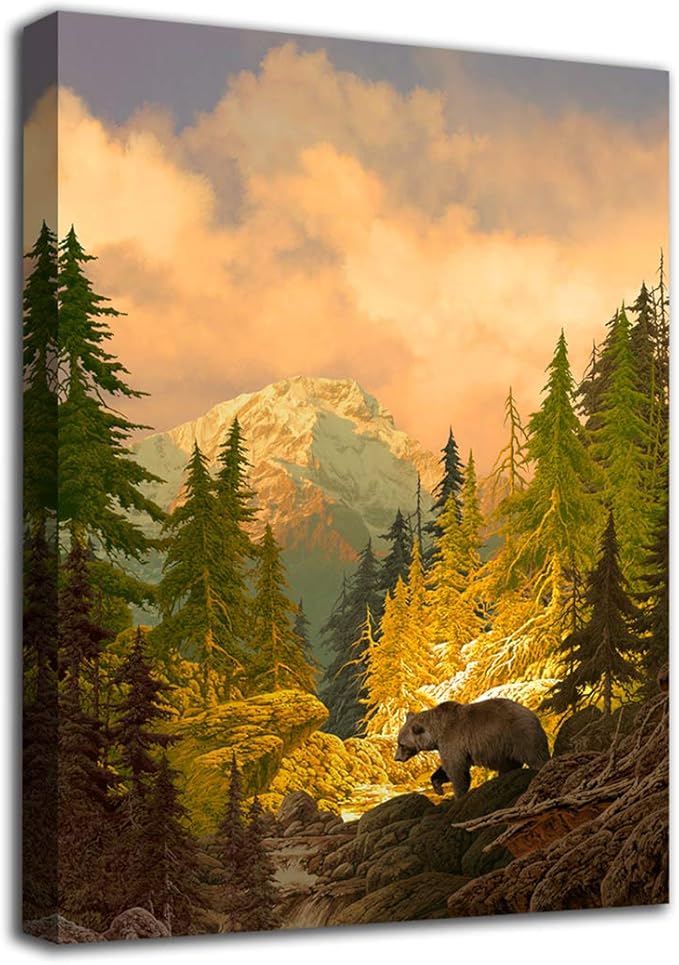 Autumn Forest Mountain Wall Art Bear Canvas Picutres for Bedroom Living Room Wall Decor Modern Landscape Canvas Artwork Contemporary Nature Picture Prints Framed Ready to Hang 20" x 28"
