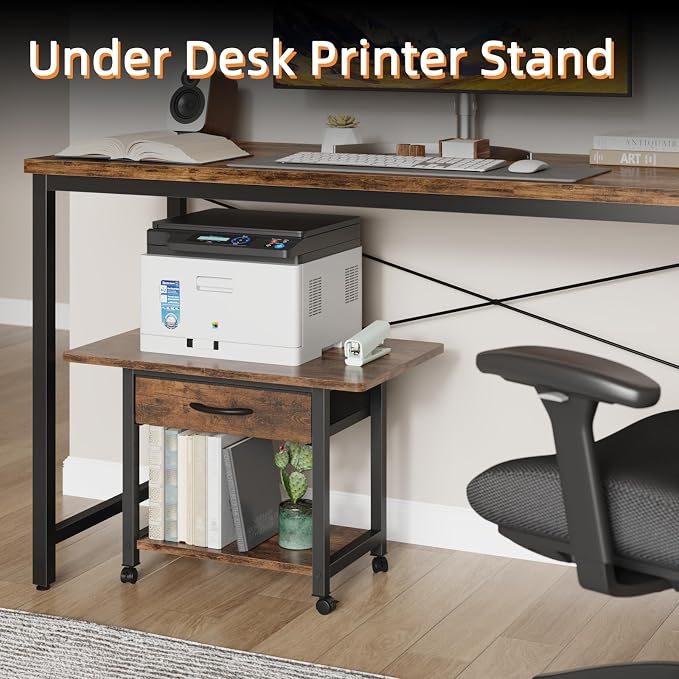 YAOHUOO 22"x15" Large Printer Stand with Drawer, 2-Tier Rolling Table Cart | Under Desk Printer Table,Storage Fabric Drawer,Fit printer/fax/3d/scanner,4 Lock Wheels or Feet,For Home Office Dorms,Brown