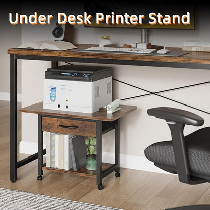 YAOHUOO 22"x15" Large Printer Stand with Drawer, 2-Tier Rolling Table Cart | Under Desk Printer Table,Storage Fabric Drawer,Fit printer/fax/3d/scanner,4 Lock Wheels or Feet,For Home Office Dorms,Brown