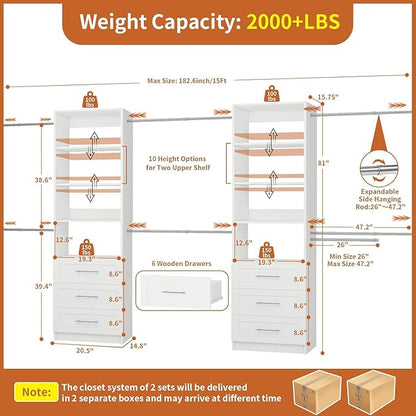 Closet System with 6 Drawers, 5-14FT Custom Closet Organizer System with 8 Expandable Hanging Rods&Adjustable Shelves, Modular Wood Closet Systems Tower for Walk in Closet Storage, 2 Sets, White