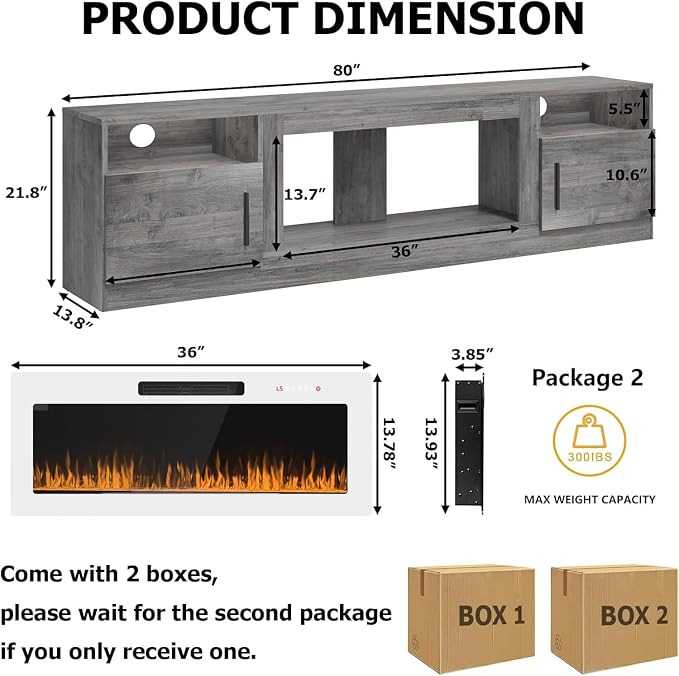 PRETZI Fireplace TV Stand with 36" Fireplace Up to 90" TVs, 80" Entertainment Center with LED Lights, Remote Control, TV Media Console with Storage Cabinets for Living Room, Grey+White