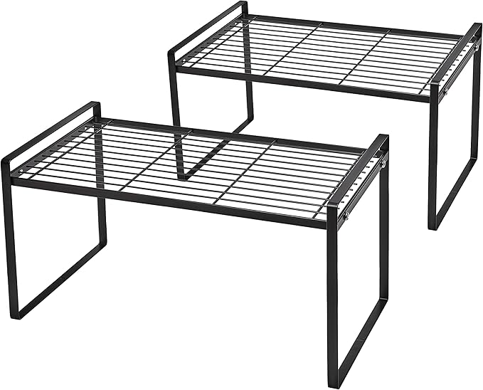 Shantton 2Pack Cabinet Shelf Organizer Storage Rack Space Saving for Kitchen Counter Pantry Bathroom Cupboard Under Sink Office Table Steel Stackable Rust Resistant Heavy Duty Nonslip 16” Black - Tall