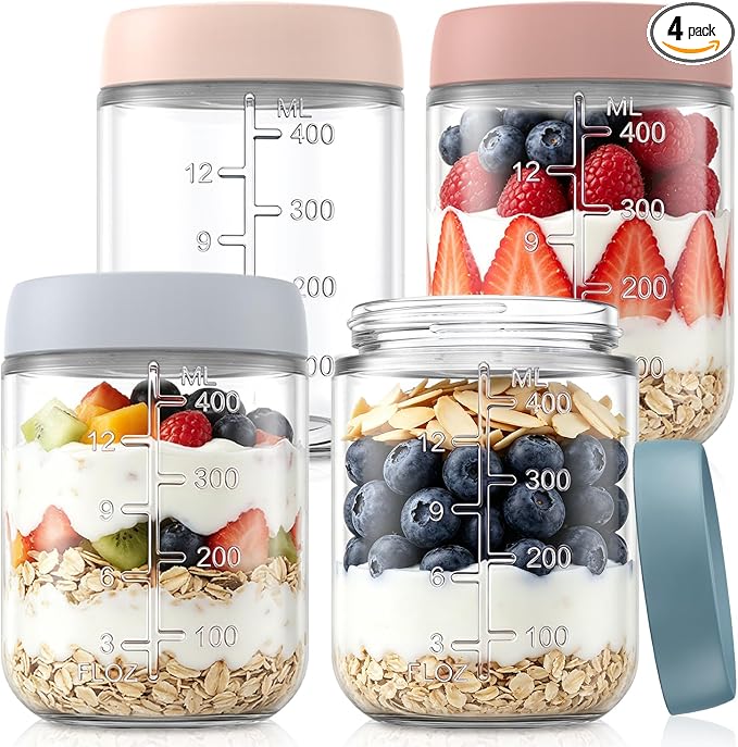 KEMORELA 4-Pack 16oz Overnight Oats Containers with Lids, Wide Mouth Glass Mason Jars with Airtight Lids, Reusable Glass Food Storage Containers for Yogurt, Chia Pudding, Salad, and Pickles