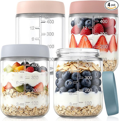 KEMORELA 4-Pack 16oz Overnight Oats Containers with Lids, Wide Mouth Glass Mason Jars with Airtight Lids, Reusable Glass Food Storage Containers for Yogurt, Chia Pudding, Salad, and Pickles