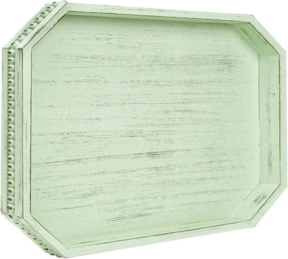 Wooden Decorative Tray, Rustic Sage Serving Tray with Wood Bead, Coffee Tabl, 16.5" x 13"x 1.6" (Sage Green)
