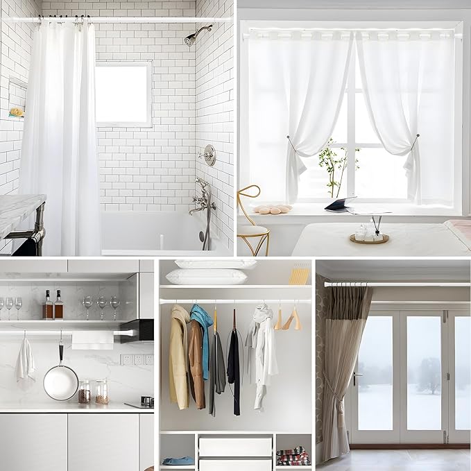 MEXAU 2 Pack White Tension Curtain Rod 45-77 Inch Shower Rod 7/8" Shower Curtain Rod Adjustable Spring Curtain Rods No Drilling Spring Rod Shower Curtain Tension Rod for Bathroom Windows Doorways