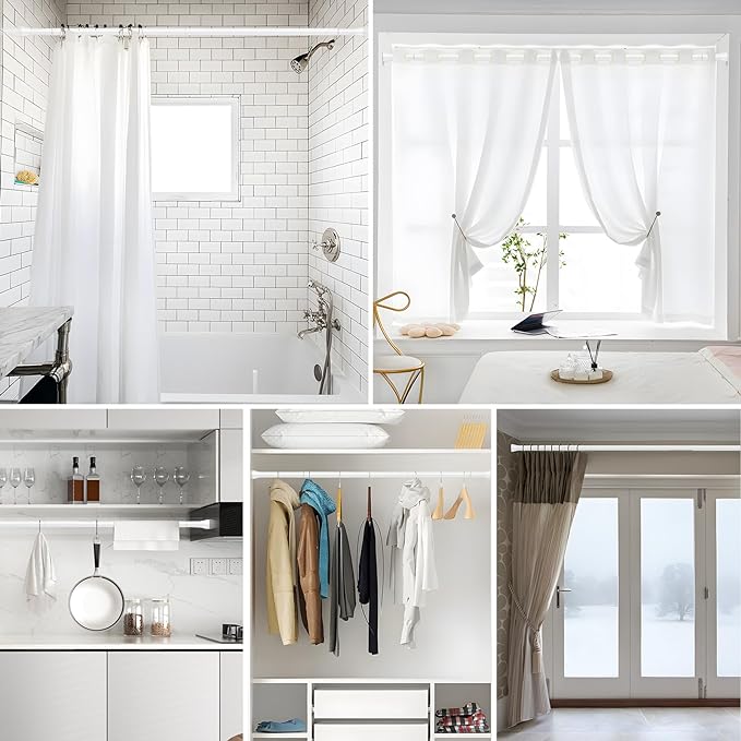 MEXAU Shower Curtain Rod 45-77 Inch White Shower Rod 7/8" Tension Curtain Rod Adjustable Curtain Rods No Drilling Shower Tension Rod Shower Curtain Tension Rod for Bathroom Windows Doorways