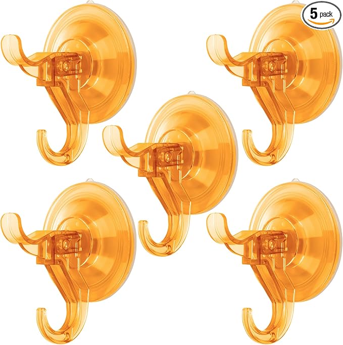Suction Cup Hooks, 5 Pack Wreath Door Hanger, Removable Small Suction Cups for Shower, Bathroom, Glass, Door, Windows, Kitchen-Up to 11 lbs on Smooth Surface-2 Hooks Design (Transparent Orange)