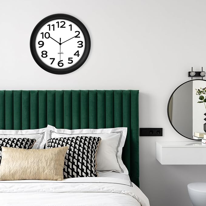 HIPPIH 2 Pack Silent Wall Clock, 10 Inch Non Ticking Quiet Digital Sweep Decorative Battery Operated Wall Clocks for Living Room Bedroom Kitchen School Office Decor, Black