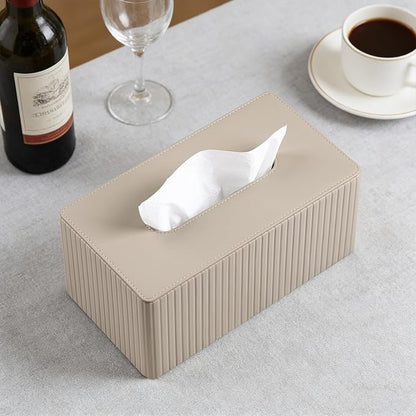 MEIBOOCH PU Leather Tissue Box Cover for 120(3-Ply)/ 160(2-Ply) Count Box of Tissues, Rectangle Tissue Box Holder for Bathroom Bedroom Living Room Office (Beige Stripe)