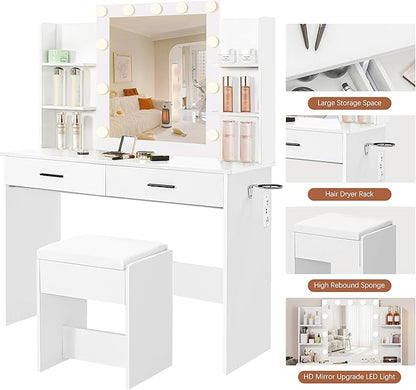 KAMABOKO Vanity Desk with Mirror, LED Lights and Power Outlet, Makeup Vanity Table with Glass Display Cabinet and 4 Drawers, Dressing Table with Stools for Bedroom (010 White)