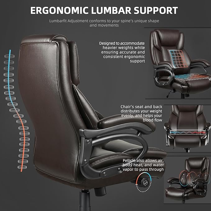 VITESSE 500lbs Heavy Duty Office Chair for Low Back Pain Relief, Big and Tall Office Chair with Ergonomic Lumbar Support, High Back Executive Chair with Quiet Rubber Wheel