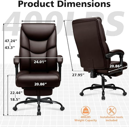 400lbs Office Chair with Foot Rest, Reclining Big and Tall Office Chair with Lumbar Support, High Back PU Leather Computer Chair,Comfy Desk Chair for Home Office (Casual) (Brown)