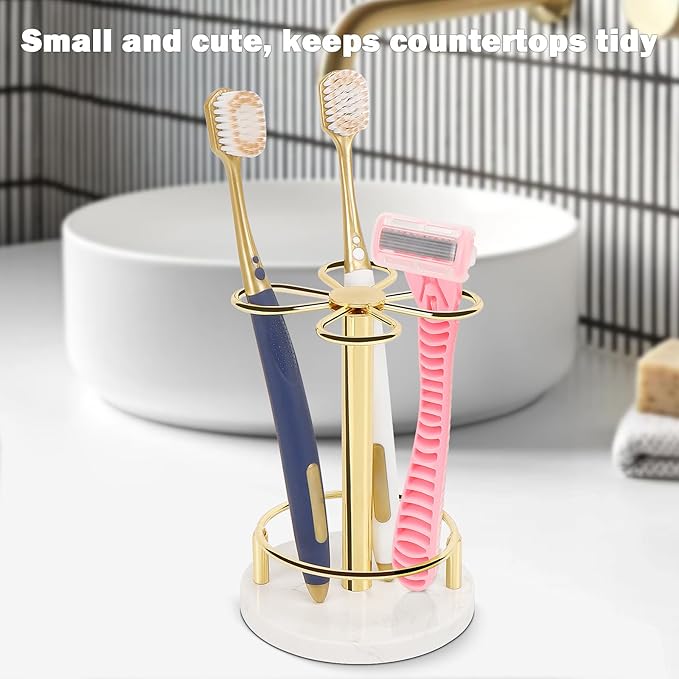 Toothbrush Holder Stand for Bathroom, Metal Toothbrush Organizer with Marble Base, Toothbrush Storage Collection for Family, Suitable for Home Hotel Countertop Vanity (Small, Gold)