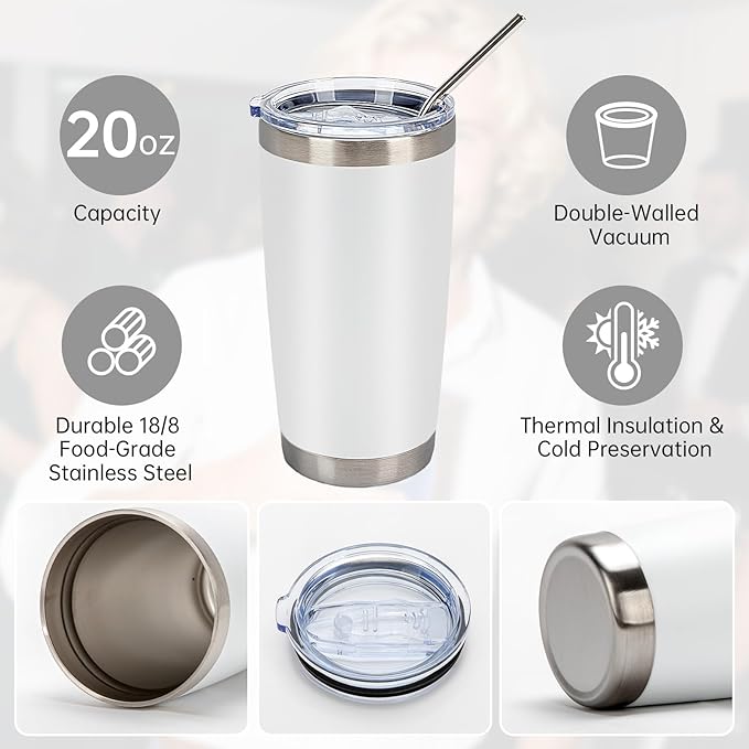 IEOVIEE 32 Pack, 20oz Stainless Steel Bulk Tumblers with Lids and Straws, Double Wall Insulated Travel Coffee Mug, Durable Powder Coated Tumbler Bulk Cup for Cold and Hot Drinks(White)