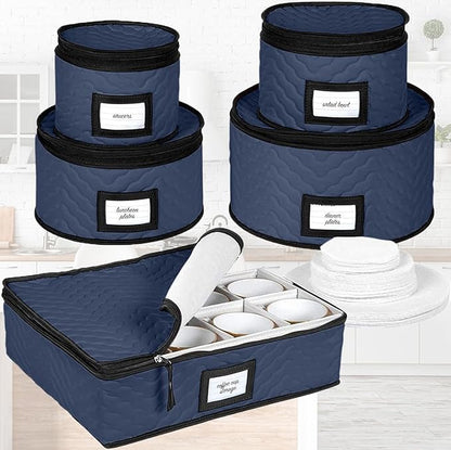 China Storage Containers 5-Piece Set Moving Boxes for Dinnerware, Glasses, Plates, Mugs and Saucers Sturdy Quilted Microfiber Dish Organizer with Dividers for Seasonal Storage - Holds Set of 12, blue