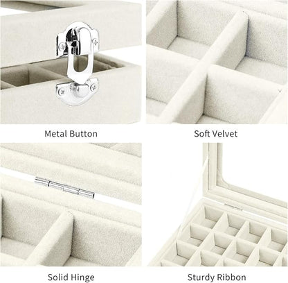 Velvet Jewelry Box 24 Grid Jewelry Earrings Display Organiser Box Ring Tray Holder Earrings Storage Case for Girls Women Wife Mom (Beige)
