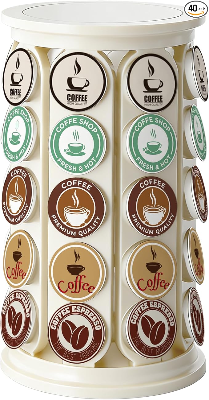 K Cup Holder, Coffee Pod Storage Carousel Stand Compatible with 40 Keurig K-Cup Pods, Home or Office Kitchen Counter Space-Saving Organizer (White)