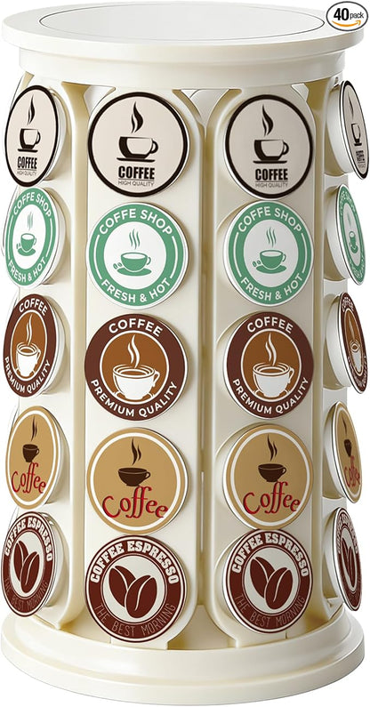 K Cup Holder, Coffee Pod Storage Carousel Stand Compatible with 40 Keurig K-Cup Pods, Home or Office Kitchen Counter Space-Saving Organizer (White)