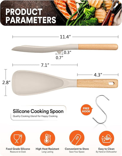 Cooking Spoon for Nonstick Cookwares, Great for Cooking and Serving Sturdy BPA-Free Matte Silicone, Wood Handle Spoon for Mixing, Scoop, and Scrape (KHAKI, 11.4 inch)