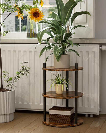XBurmo Small Round End Table - 3 Tier Design Accent Table, Narrow Side or Bedside Stand, Industrial Vintage Nightstand for Bedroom, Living Room, or Small Spaces, Set of 2, Rustic Brown