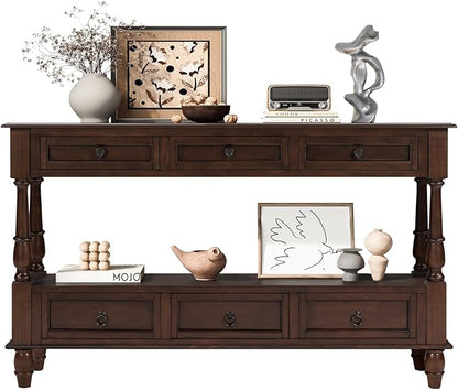 Vintage Solid Wood Console Table with 6 Drawers - 54" Hallway Sofa Table with Bottom Shelf for Entrance, Living Room & Foyer, Espresso