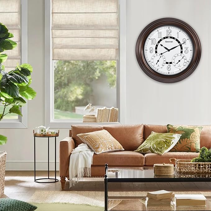 Geevon Illuminated Indoor Outdoor Clocks Waterproof 18 inch with Smart Sensor,Large Wall Clock with Thermometer & Hygrometer for Kitchen, Living Room, Bedroom,Decorations, Rubbed Bronze