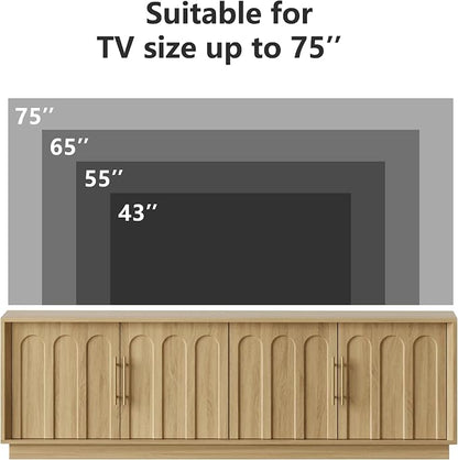 FORTUNETEC TV Stand for 75 Inch TV, Mid Century Modern TV Stand with Arched Design, Wood Grain Finish, Boho Media Console with Adjustable Shelves, 67" Entertainment Center for Living Room Bedroom, Oak