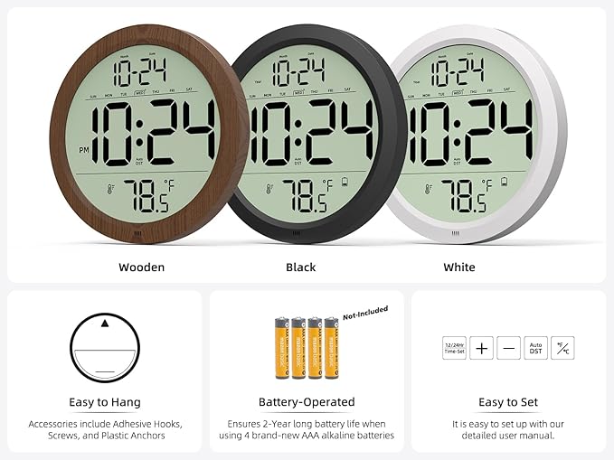 Digital Wall Clock Battery-Operated, 8 Inch Small Decorative Modern Wall Clock with Date, Temperature, Auto-DST, Silent Electric Wall Clock for Bedroom, Living Room, Kitchen, Office, Farmhouse - White