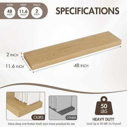Acovy 48 Inch Floating Shelves, 12" Deep Floating Shelf Wall Mounted, 48" Wall Shelves, Rustic Deep Bookshelf, Extra Deeper & Thicker Display Shelves for Bedroom, Living Room, Oak, Set of 2