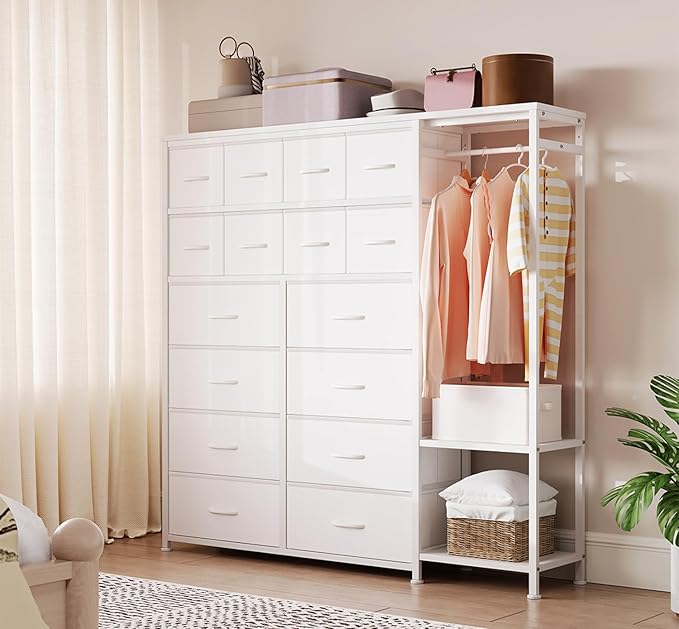 GarveeHome Dresser with 16 Drawers & Hanging Rod & Shelves, Fabric Storage Organizer for Bedroom, Closet, or Entryway