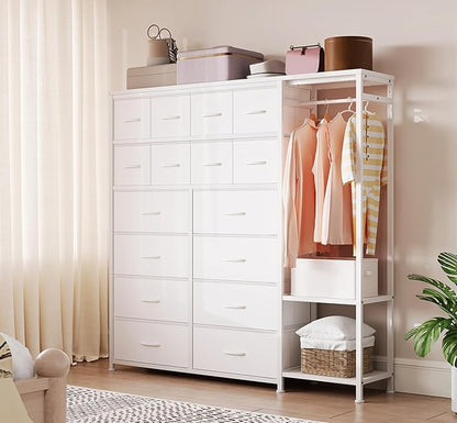 GarveeHome Dresser with 16 Drawers & Hanging Rod & Shelves, Fabric Storage Organizer for Bedroom, Closet, or Entryway