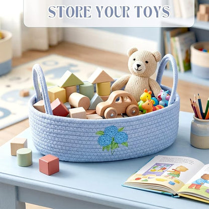 Vesici Hydrangea Toilet Paper Basket Boho Woven Cotton Rope Bathroom Countertop Organizer with Handle Blue Hydrangea Bathroom Storage Decor for Toilet Closet Bedroom Nursery, 13 x 6 x 4 Inch