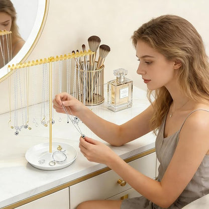 Jewelry Organizer Stand, Metal Necklace Holder Display With 42 Hooks, Gold Jewelry Holder for Necklaces, Bracelets, Rings, Bedroom College Dorm Decor for Women and Girls