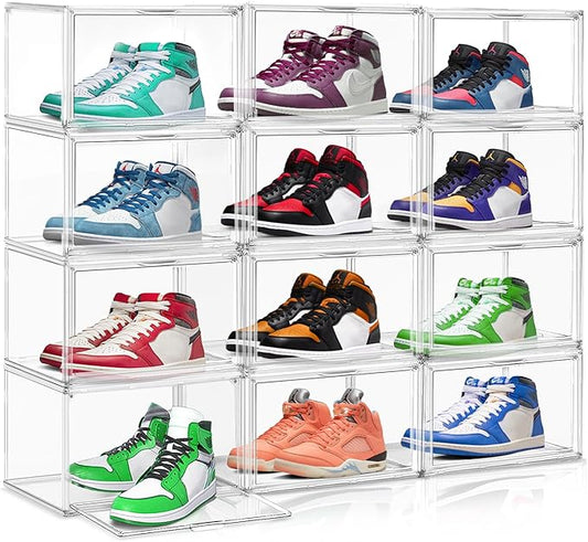 10 Pack Acrylic Shoe Storage Boxes Size 12, Stackable Sneaker Display Case Shoe Containers with Magnetic Lid, Clear Shoe Storage Cabinet for Entryway, Closet, Underbed