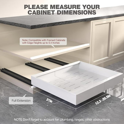 Seinloes 6 Pack Pull Out Cabinet Organizer 21" Deep,Full Extension 3 Slide Rails Slide Out Drawers With Raising Pad for Framed Cabinets,Expandable Width (12.3"-20.5"),No Drill Roll Out Shelves,White