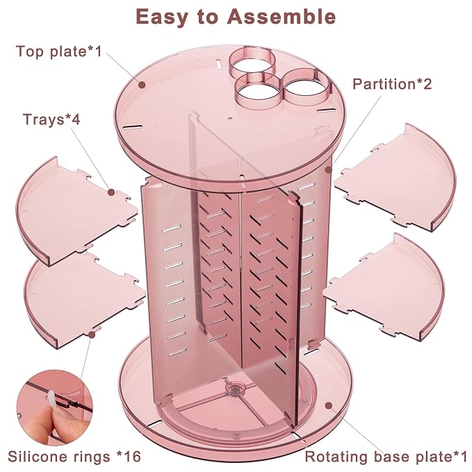 Rotating Makeup Organizer, DIY 8 Adjustable Layers Spinning Skincare Storage, Cosmetic Display Case with Brush Holder and Perfume Tray, Multi-Function Vanity Bathroom Countertop Organizer Clear Pink