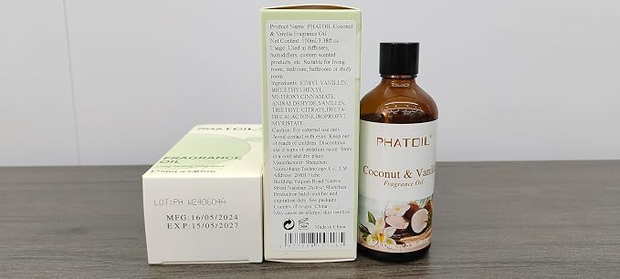 PHATOIL 3.38FL.OZ Coconut & Vanilla Fragrance Oils for Aromatherapy, Long Lasting Scented Oils for Home, Perfect for Diffuser, Yoga, DIY Candle and Soap Making - 100ml
