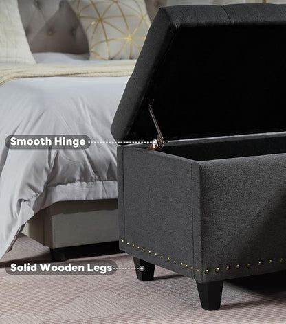 Tbfit 50.8“ Large Ottoman Storage Bench for Bedroom, Oversized Tufted Upholstered Entryway Benches End of Bed, Rectangle Dorm Foot Stool with Safety Hinge & Solid Wood Legs, Loads 660 lb, Gray