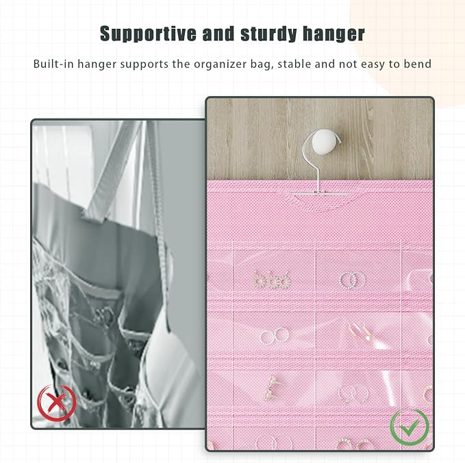 2 Pack Hanging Jewelry Organizer 80-Pocket Dual-sided Jewelry Storage for Earring Necklace Bracelet Ring Travel Holder, Pink