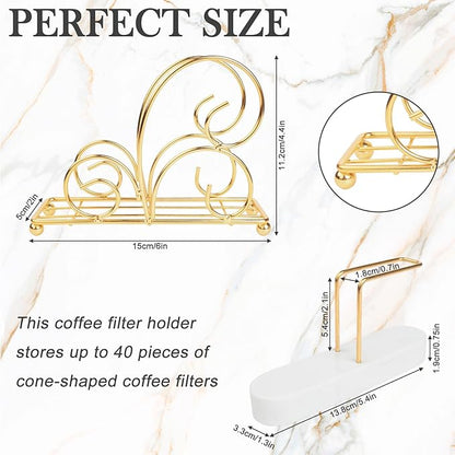 2-Pack Coffee Filter Holder & Napkin Holder Set,Coffee Filter Holders for Counter Compatible with Cone Paper Filters Size #01/#02/#04,Thick and Heavy & Anti-slip (White,Gold)