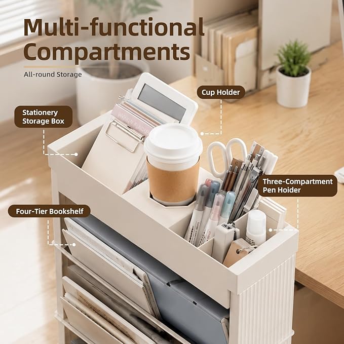 SDLP 5-Tier Rolling Bookshelf, Rolling Book carts with Wheels,Book Storage Rack,Utility Carts, Movable File Folder Organizer Cart for Home,Study,Office,Living Room,Classroom, (White, 5 Tier)