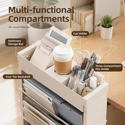SDLP 5-Tier Rolling Bookshelf, Rolling Book carts with Wheels,Book Storage Rack,Utility Carts, Movable File Folder Organizer Cart for Home,Study,Office,Living Room,Classroom, (White, 5 Tier)