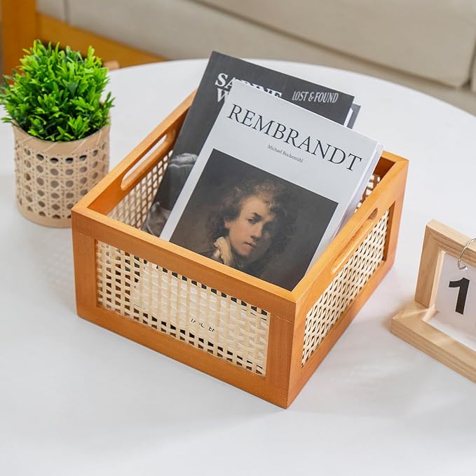 JLKIMZVO Wood Frame Storage Basket Storage Cubes Basket Organizer for Home and Office Closet（size：Middle