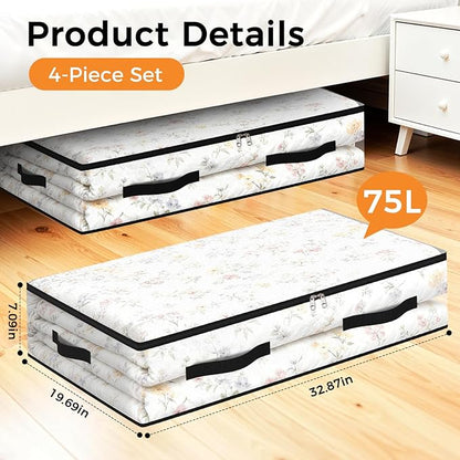4 Pack Under Bed Storage Bags, 75L Foldable Clear Storage Containers with Handles, Dual Zippers for Comforter, Clothes, Bedding, Linen Sheets, Sweaters, Blanket Storage